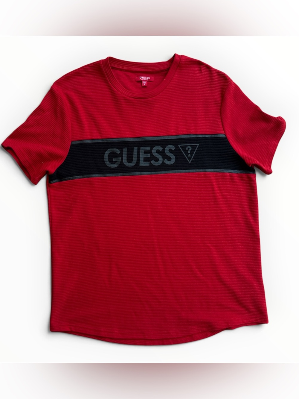GUESS Mens Graphic T Shirt Red Black Stripe Logo Spellout Tee Size XL M4BP02